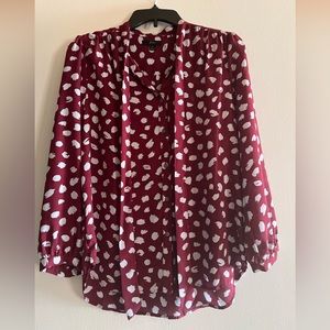 J Crew Tie Neck Blouse: Burgundy Brushstroke Print